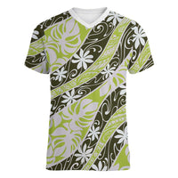 Olive Tahiti Tiare Monstera Women V-Neck T-Shirt Polynesian Pattern Curve Style - Polynesian Pride