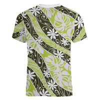 Olive Tahiti Tiare Monstera Women V-Neck T-Shirt Polynesian Pattern Curve Style - Polynesian Pride