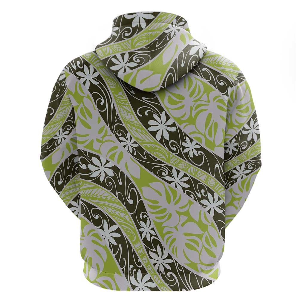 Olive Tahiti Tiare Monstera Zip Hoodie Polynesian Pattern Curve Style LT01 - Polynesian Pride