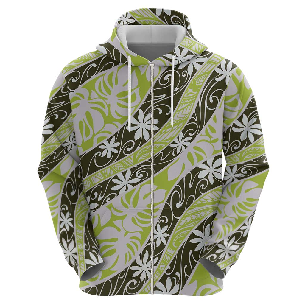 Olive Tahiti Tiare Monstera Zip Hoodie Polynesian Pattern Curve Style LT01 - Polynesian Pride