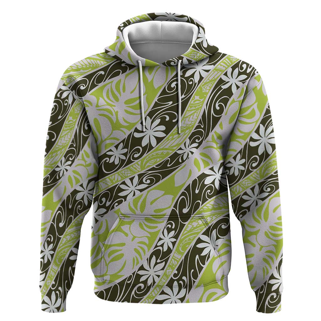 Olive Tahiti Tiare Monstera Zip Hoodie Polynesian Pattern Curve Style LT01 Pullover Hoodie Olive - Polynesian Pride