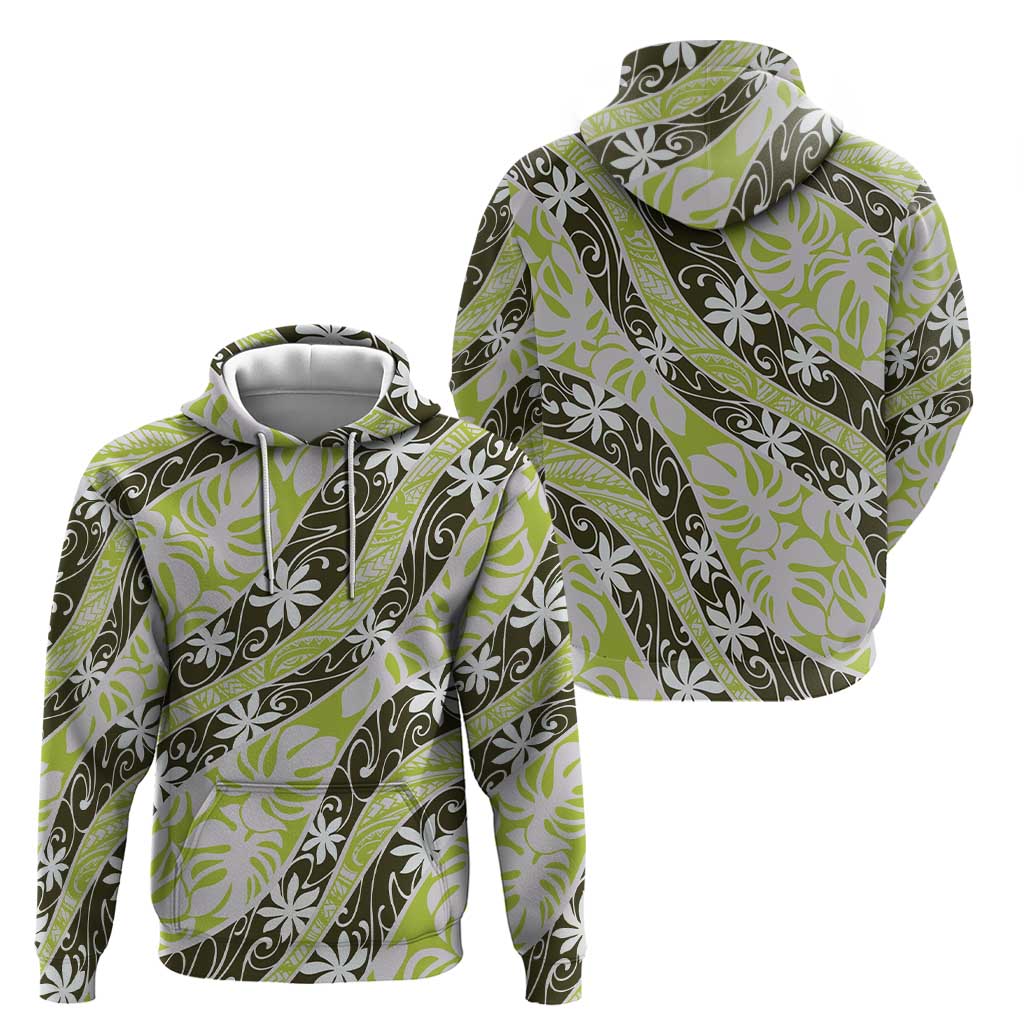 Olive Tahiti Tiare Monstera Zip Hoodie Polynesian Pattern Curve Style LT01 - Polynesian Pride