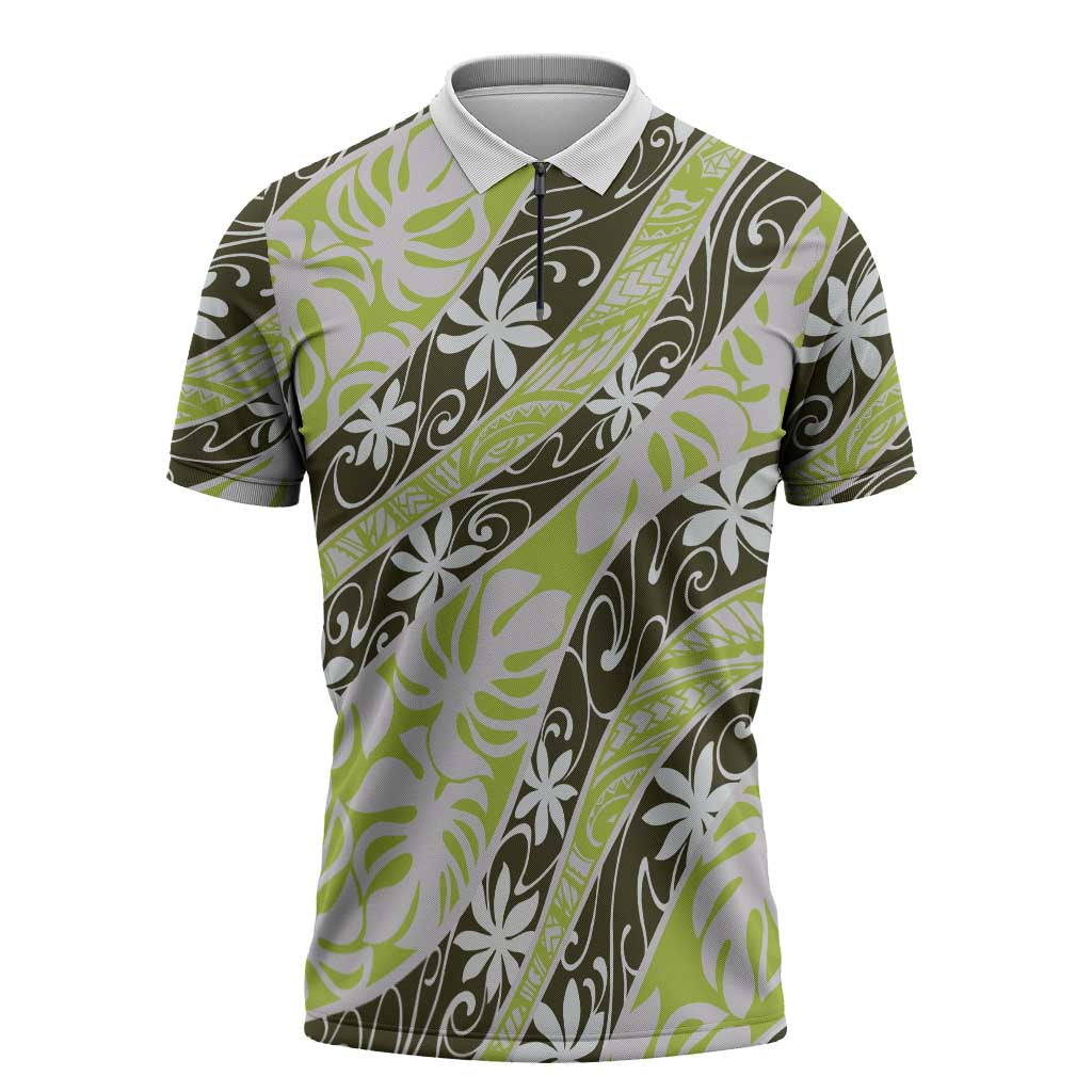 Olive Tahiti Tiare Monstera Zipper Polo Shirt Polynesian Pattern Curve Style - Polynesian Pride