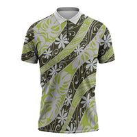 Olive Tahiti Tiare Monstera Zipper Polo Shirt Polynesian Pattern Curve Style - Polynesian Pride