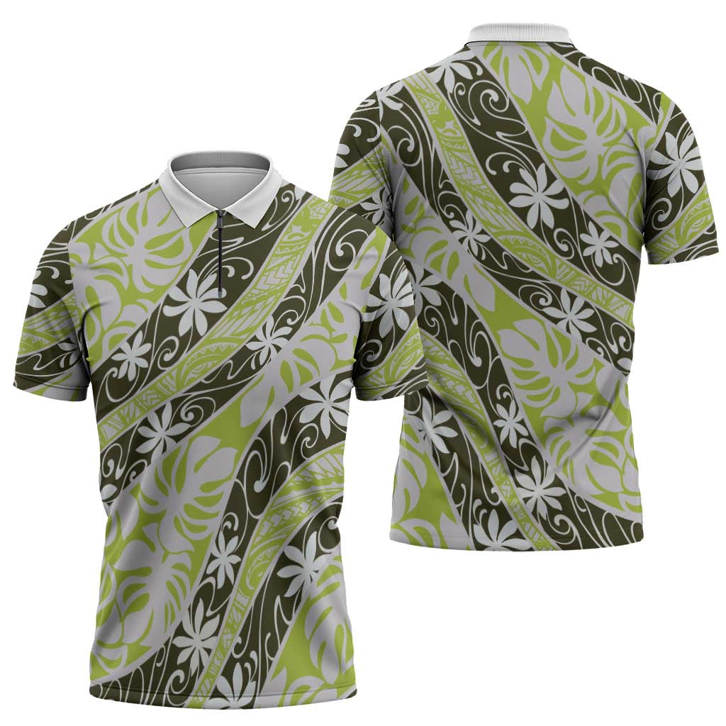 Olive Tahiti Tiare Monstera Zipper Polo Shirt Polynesian Pattern Curve Style - Polynesian Pride