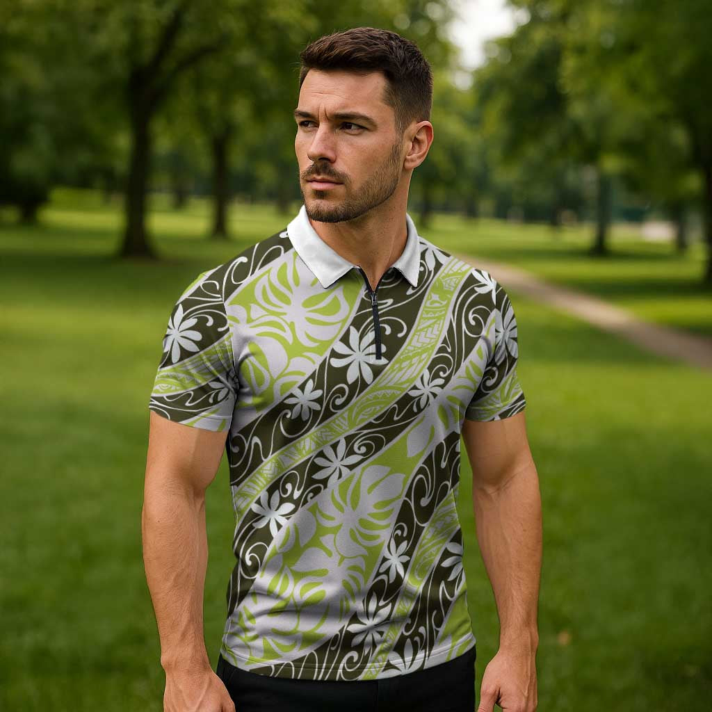 Olive Tahiti Tiare Monstera Zipper Polo Shirt Polynesian Pattern Curve Style - Polynesian Pride