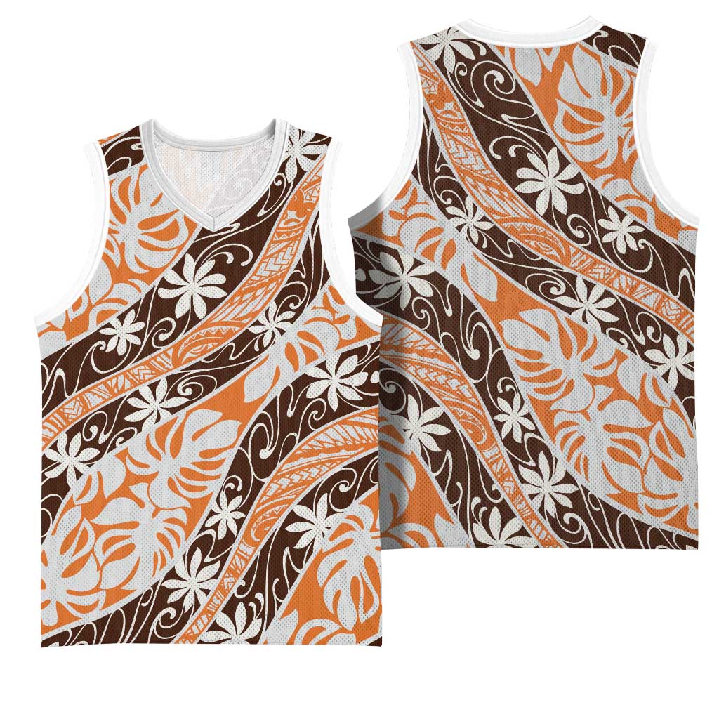 Puatou Tahiti Tiare Monstera Basketball Jersey Polynesian Pattern Curve Style - Polynesian Pride