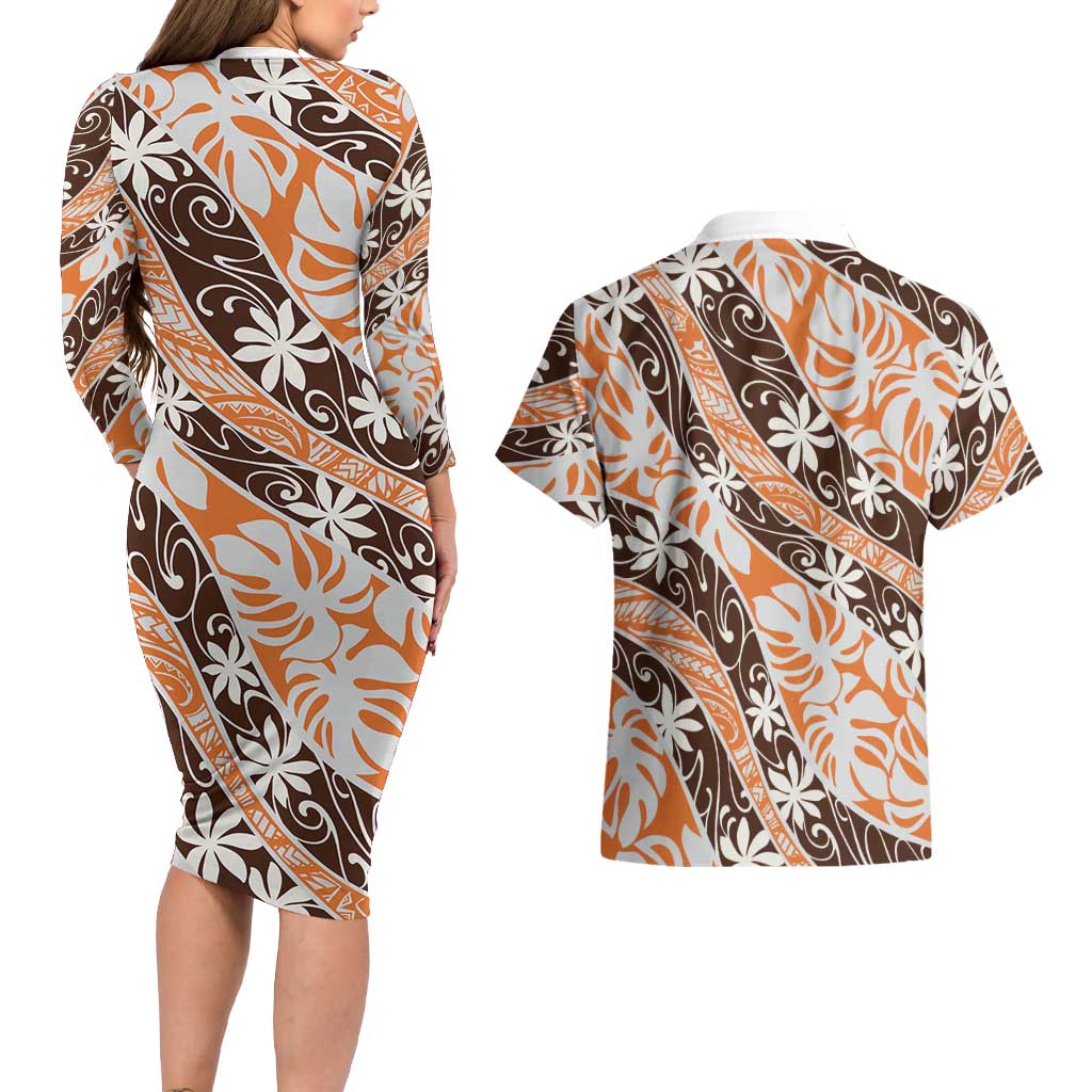 Puatou Tahiti Tiare Monstera Couples Matching Long Sleeve Bodycon Dress and Hawaiian Shirt Polynesian Pattern Curve Style - Polynesian Pride