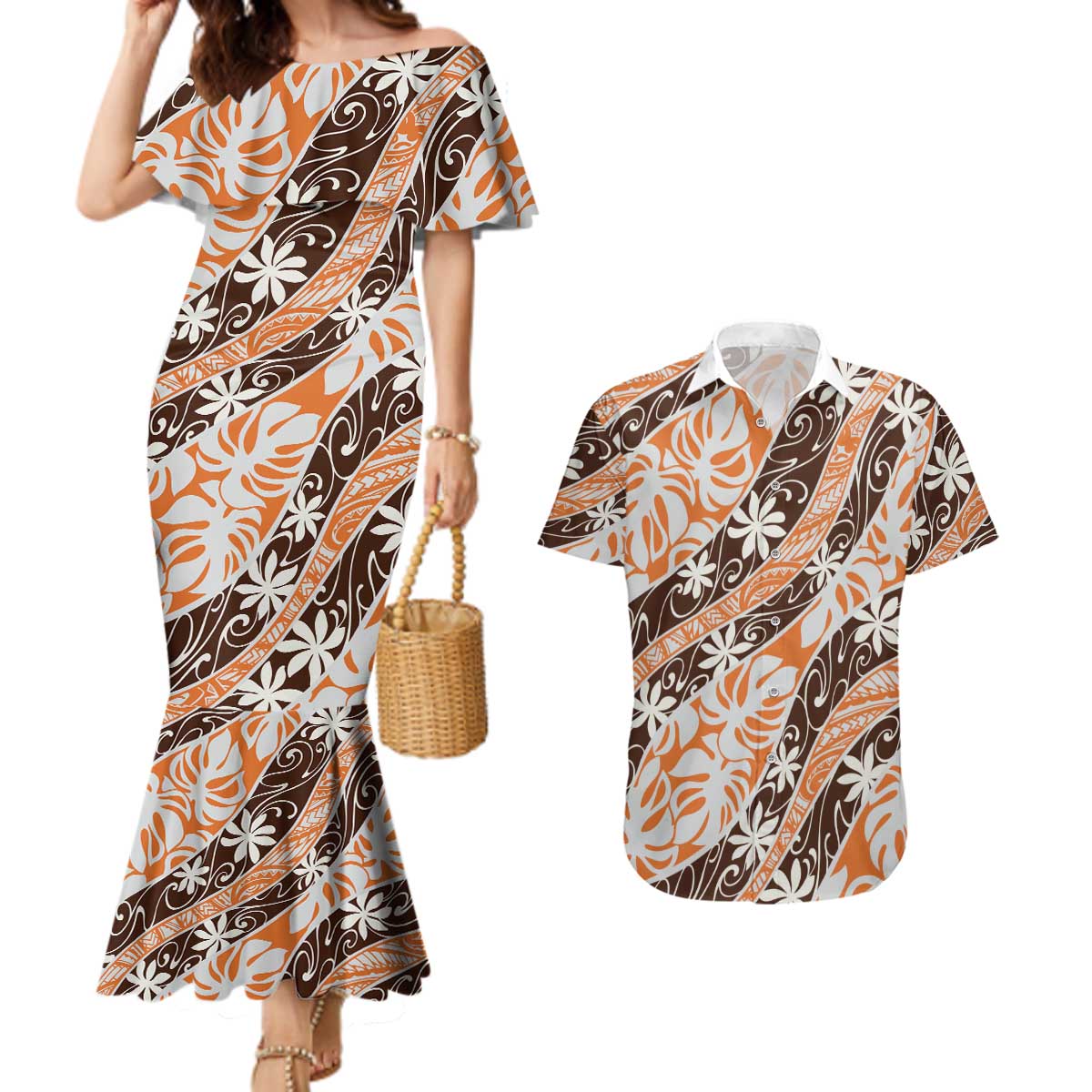 Puatou Tahiti Tiare Monstera Couples Matching Mermaid Dress and Hawaiian Shirt Polynesian Pattern Curve Style - Polynesian Pride