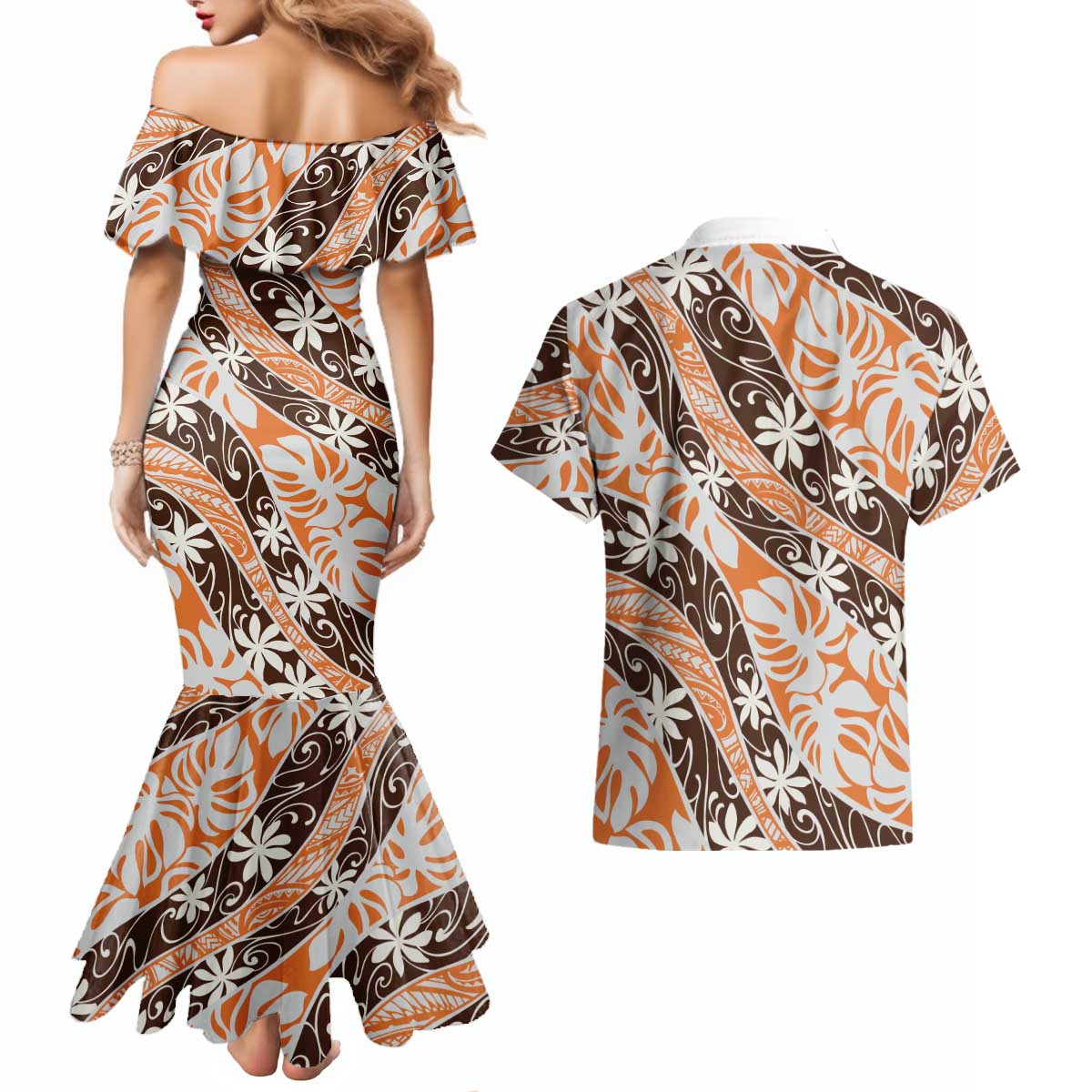 Puatou Tahiti Tiare Monstera Couples Matching Mermaid Dress and Hawaiian Shirt Polynesian Pattern Curve Style - Polynesian Pride