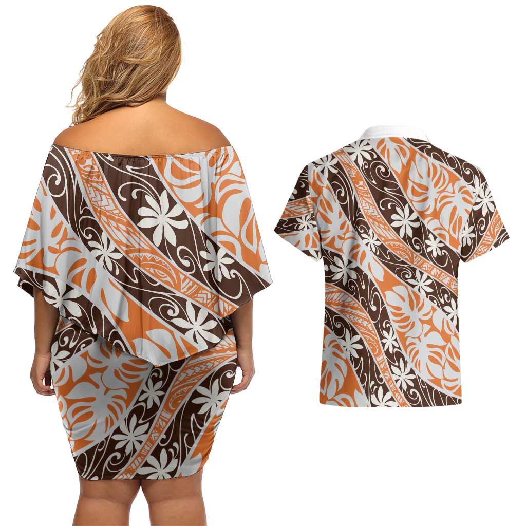 Puatou Tahiti Tiare Monstera Couples Matching Off Shoulder Short Dress and Hawaiian Shirt Polynesian Pattern Curve Style - Polynesian Pride