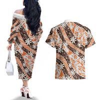 Puatou Tahiti Tiare Monstera Couples Matching Off The Shoulder Long Sleeve Dress and Hawaiian Shirt Polynesian Pattern Curve Style - Polynesian Pride