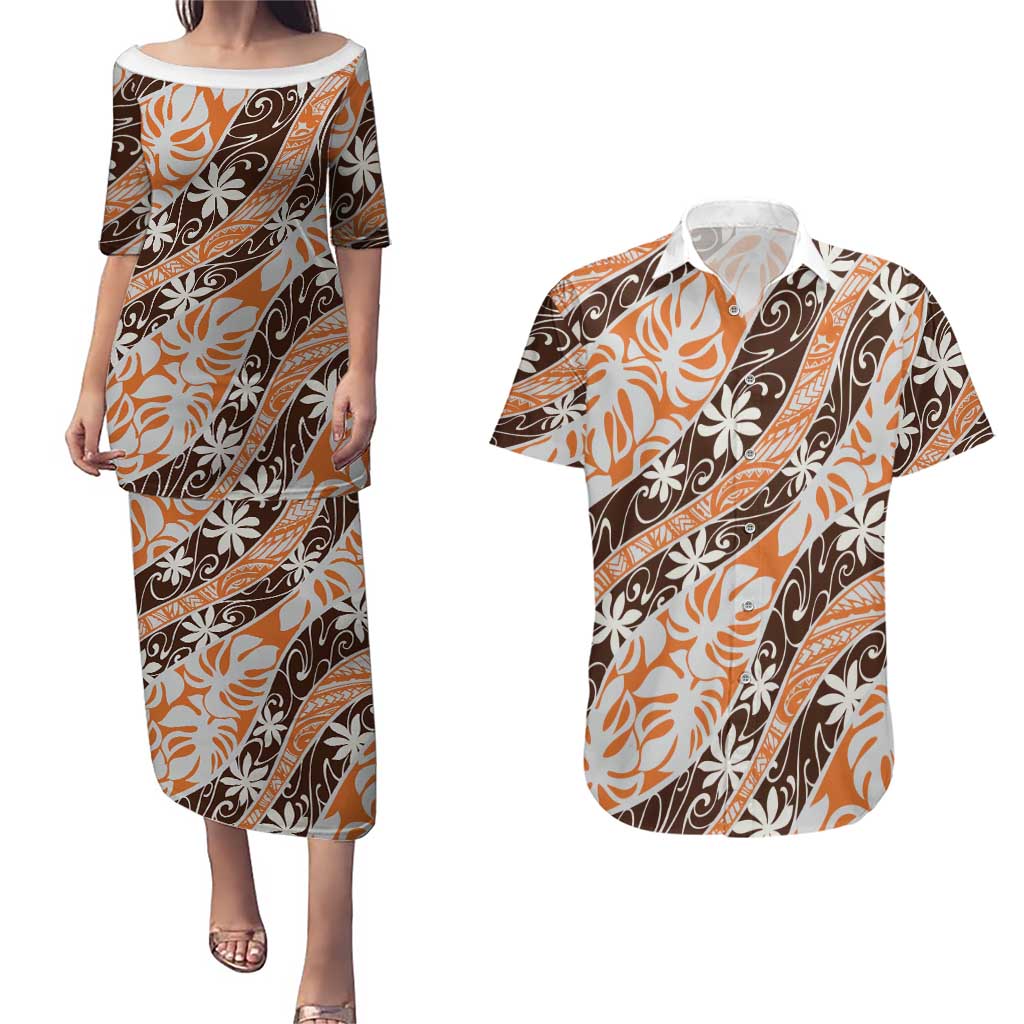Puatou Tahiti Tiare Monstera Couples Matching Puletasi and Hawaiian Shirt Polynesian Pattern Curve Style - Polynesian Pride