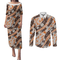Puatou Tahiti Tiare Monstera Couples Matching Puletasi and Long Sleeve Button Shirt Polynesian Pattern Curve Style - Polynesian Pride
