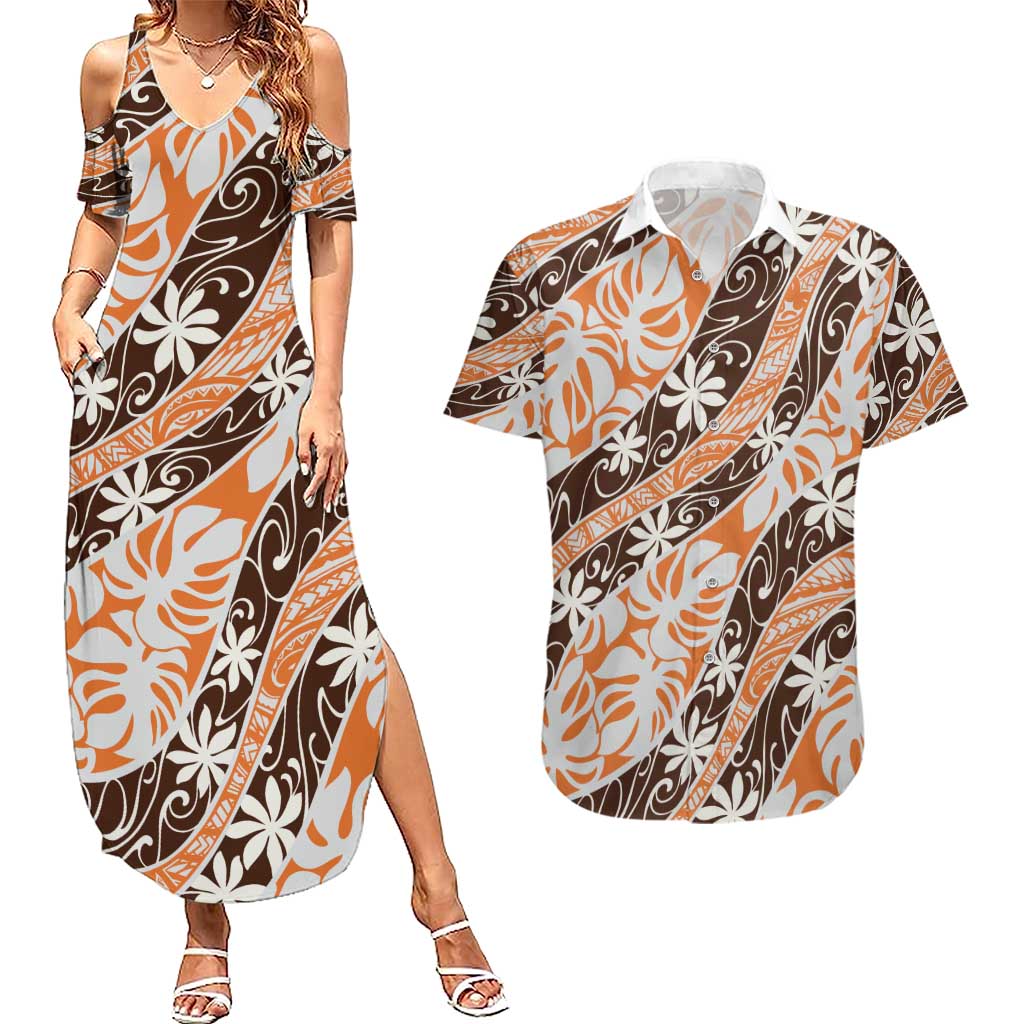 Puatou Tahiti Tiare Monstera Couples Matching Summer Maxi Dress and Hawaiian Shirt Polynesian Pattern Curve Style - Polynesian Pride