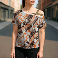 Puatou Tahiti Tiare Monstera Cross Shoulder Shirt Polynesian Pattern Curve Style - Polynesian Pride
