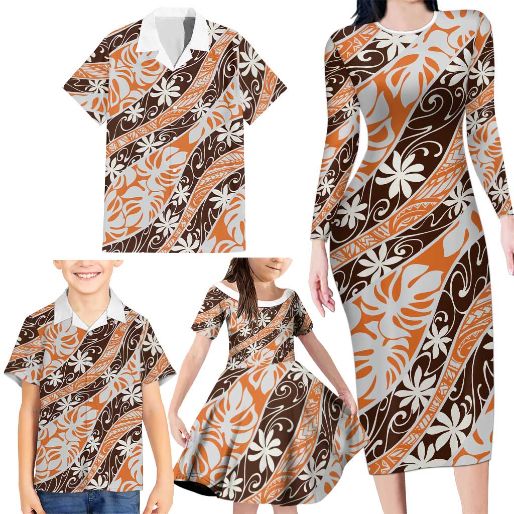 Puatou Tahiti Tiare Monstera Family Matching Long Sleeve Bodycon Dress and Hawaiian Shirt Polynesian Pattern Curve Style LT01 - Polynesian Pride