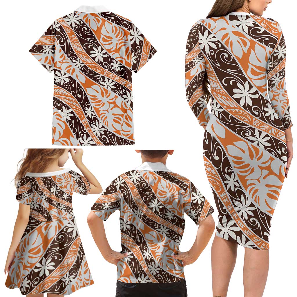Puatou Tahiti Tiare Monstera Family Matching Long Sleeve Bodycon Dress and Hawaiian Shirt Polynesian Pattern Curve Style LT01 - Polynesian Pride