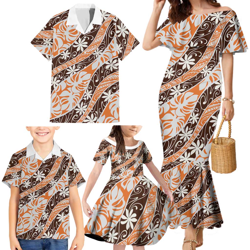 Puatou Tahiti Tiare Monstera Family Matching Mermaid Dress and Hawaiian Shirt Polynesian Pattern Curve Style LT01 - Polynesian Pride