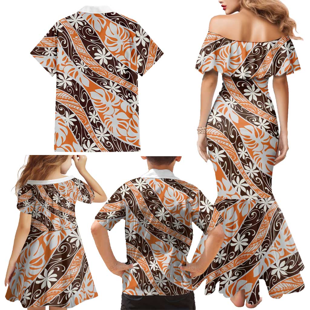 Puatou Tahiti Tiare Monstera Family Matching Mermaid Dress and Hawaiian Shirt Polynesian Pattern Curve Style LT01 - Polynesian Pride