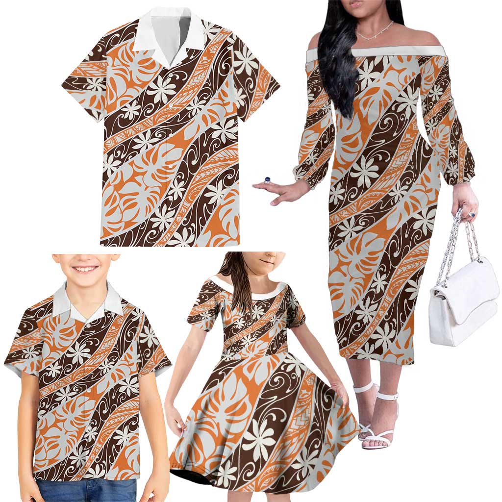 Puatou Tahiti Tiare Monstera Family Matching Off The Shoulder Long Sleeve Dress and Hawaiian Shirt Polynesian Pattern Curve Style - Polynesian Pride