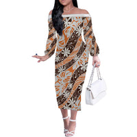 Puatou Tahiti Tiare Monstera Family Matching Off The Shoulder Long Sleeve Dress and Hawaiian Shirt Polynesian Pattern Curve Style LT01 Mom's Dress Orange - Polynesian Pride