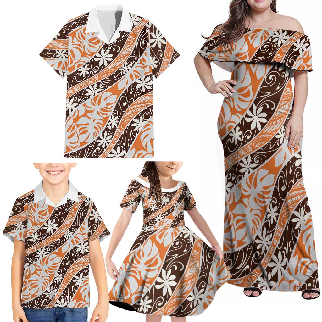 Puatou Tahiti Tiare Monstera Family Matching Off Shoulder Maxi Dress and Hawaiian Shirt Polynesian Pattern Curve Style - Polynesian Pride