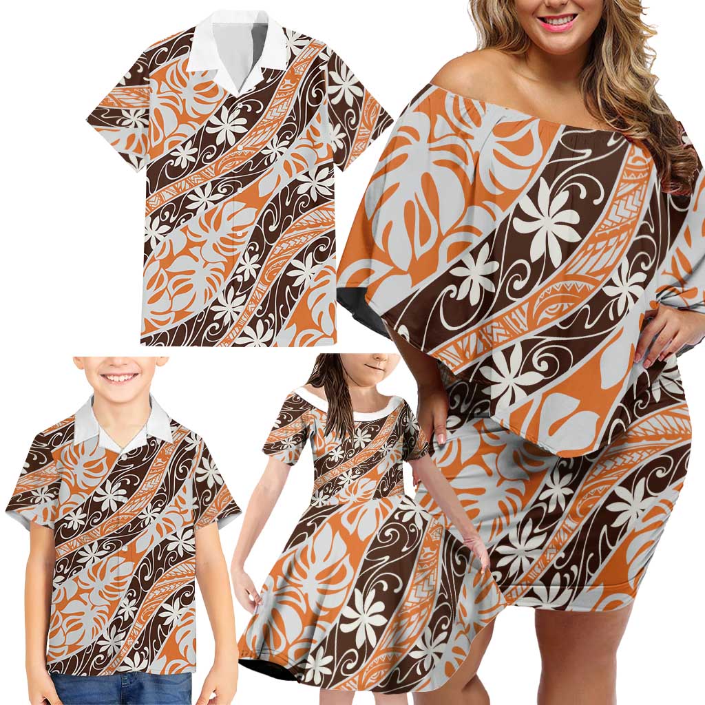 Puatou Tahiti Tiare Monstera Family Matching Off Shoulder Short Dress and Hawaiian Shirt Polynesian Pattern Curve Style - Polynesian Pride