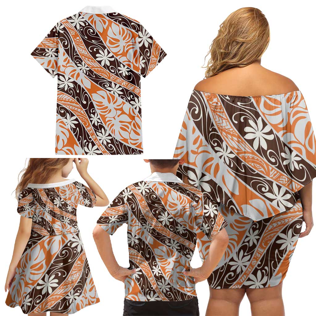 Puatou Tahiti Tiare Monstera Family Matching Off Shoulder Short Dress and Hawaiian Shirt Polynesian Pattern Curve Style LT01 - Polynesian Pride