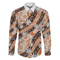 Puatou Tahiti Tiare Monstera Family Matching Off Shoulder Short Dress and Hawaiian Shirt Polynesian Pattern Curve Style LT01 Dad's Shirt - Long Sleeve Orange - Polynesian Pride