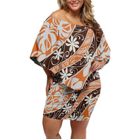 Puatou Tahiti Tiare Monstera Family Matching Off Shoulder Short Dress and Hawaiian Shirt Polynesian Pattern Curve Style LT01 Mom's Dress Orange - Polynesian Pride