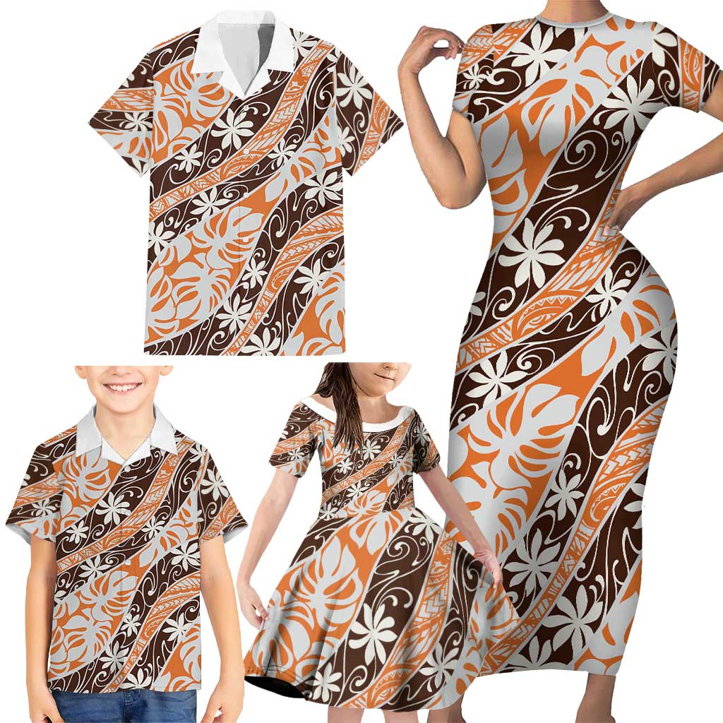 Puatou Tahiti Tiare Monstera Family Matching Short Sleeve Bodycon Dress and Hawaiian Shirt Polynesian Pattern Curve Style - Polynesian Pride