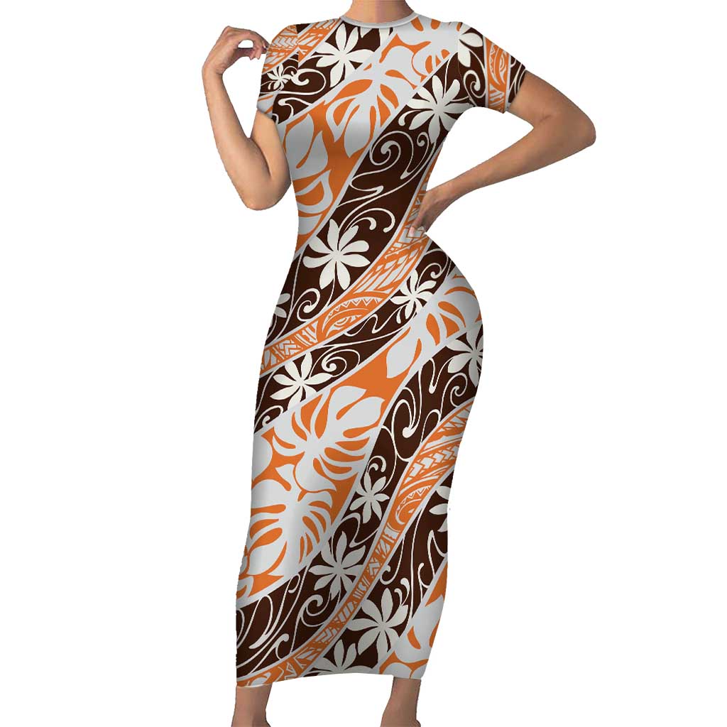 Puatou Tahiti Tiare Monstera Family Matching Short Sleeve Bodycon Dress and Hawaiian Shirt Polynesian Pattern Curve Style LT01 Mom's Dress Orange - Polynesian Pride