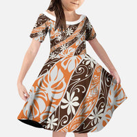 Puatou Tahiti Tiare Monstera Family Matching Tank Maxi Dress and Hawaiian Shirt Polynesian Pattern Curve Style LT01 Daughter's Dress Orange - Polynesian Pride