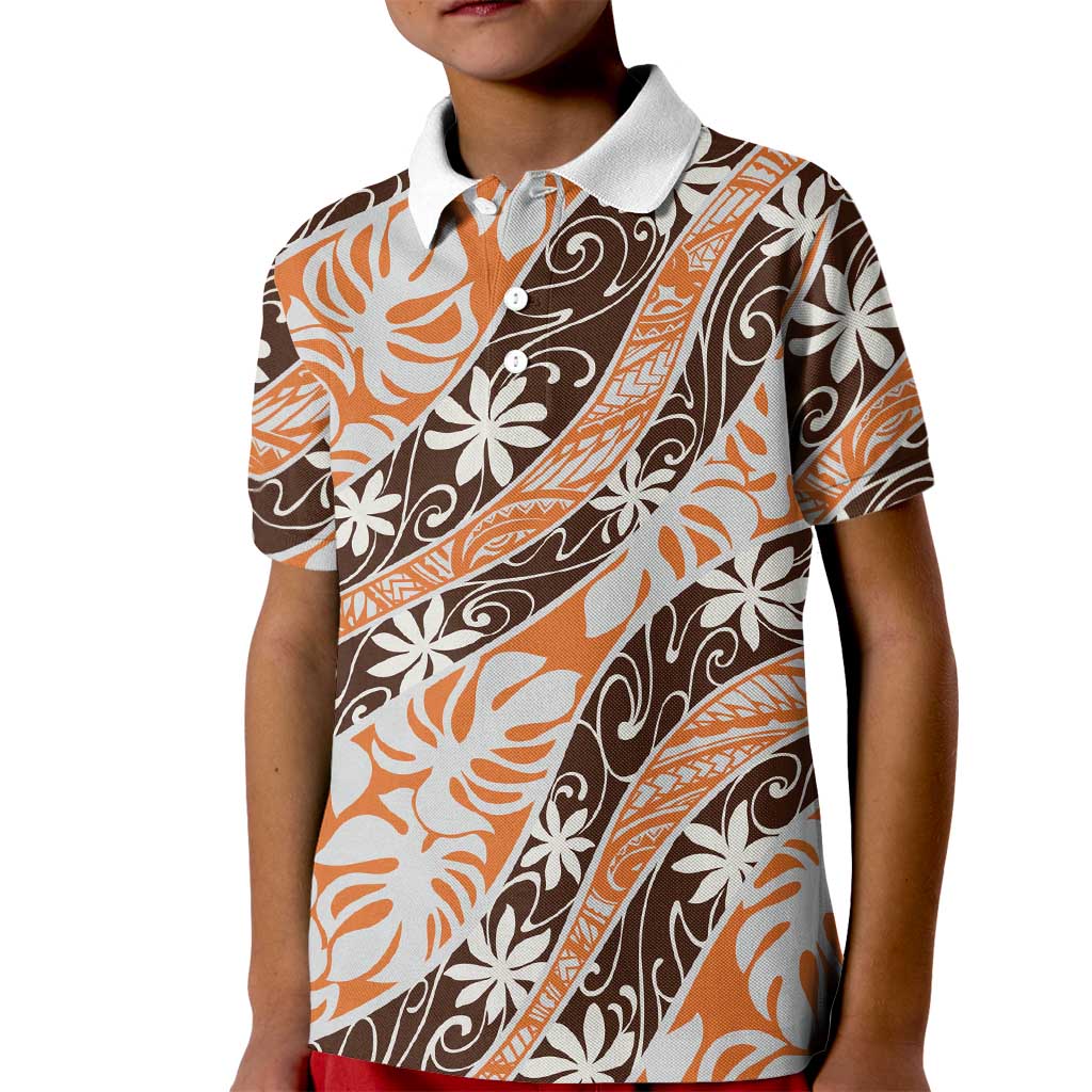 Puatou Tahiti Tiare Monstera Kid Polo Shirt Polynesian Pattern Curve Style - Polynesian Pride