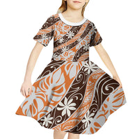 Puatou Tahiti Tiare Monstera Kid Short Sleeve Dress Polynesian Pattern Curve Style - Polynesian Pride
