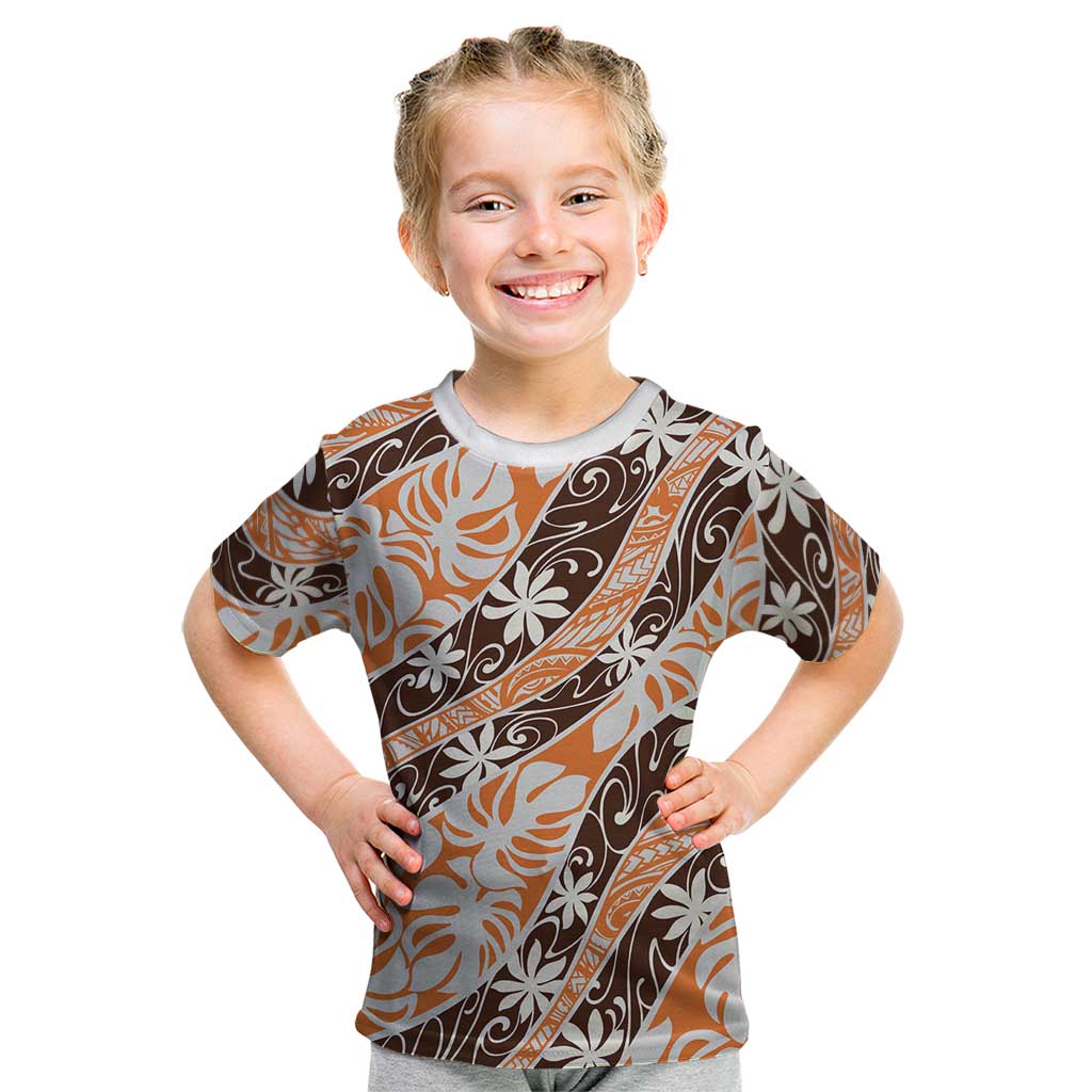 Puatou Tahiti Tiare Monstera Kid T Shirt Polynesian Pattern Curve Style - Polynesian Pride
