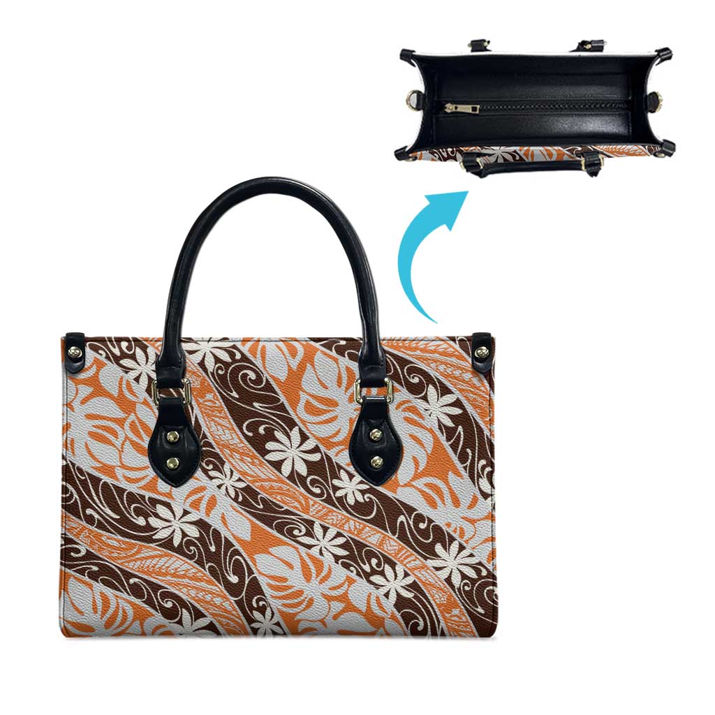 Puatou Tahiti Tiare Monstera Leather Bag Polynesian Pattern Curve Style - Polynesian Pride