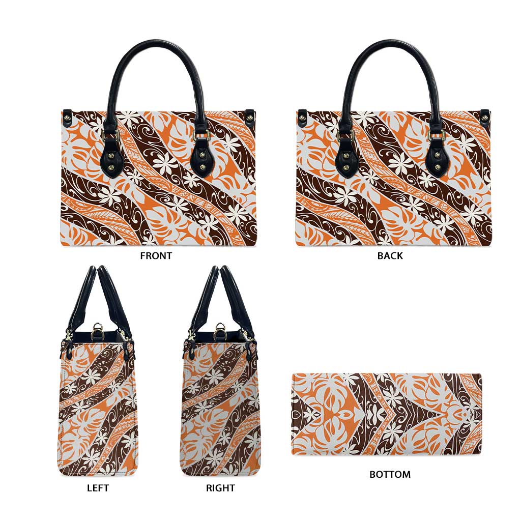 Puatou Tahiti Tiare Monstera Leather Bag Polynesian Pattern Curve Style - Polynesian Pride