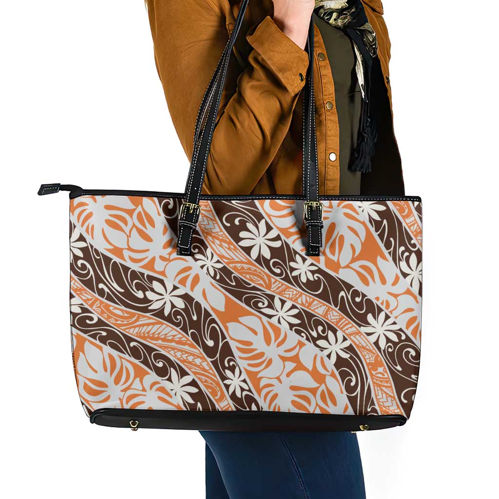 Puatou Tahiti Tiare Monstera Leather Tote Bag Polynesian Pattern Curve Style - Polynesian Pride