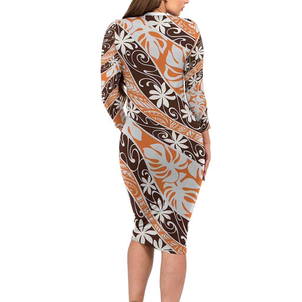 Puatou Tahiti Tiare Monstera Long Sleeve Bodycon Dress Polynesian Pattern Curve Style - Polynesian Pride