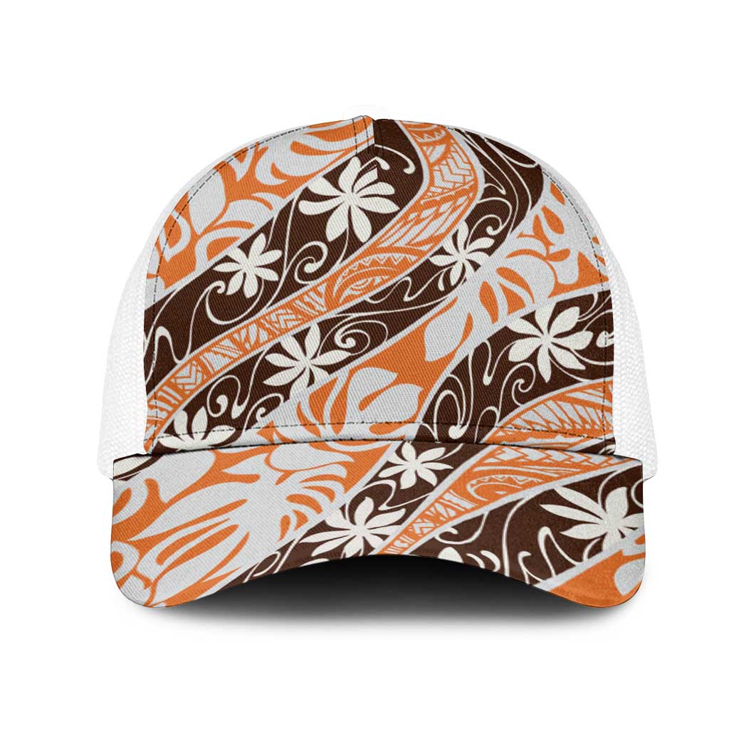 Puatou Tahiti Tiare Monstera Mesh Trucker Cap Polynesian Pattern Curve Style - Polynesian Pride