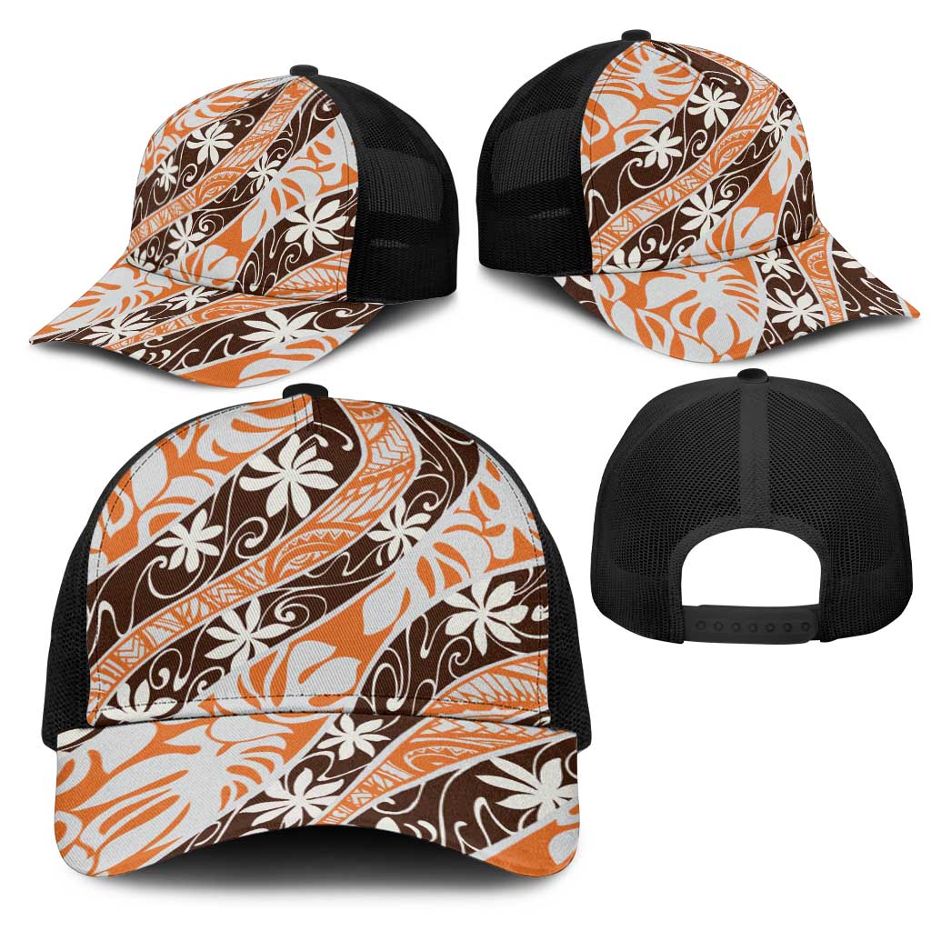 Puatou Tahiti Tiare Monstera Mesh Trucker Cap Polynesian Pattern Curve Style - Polynesian Pride