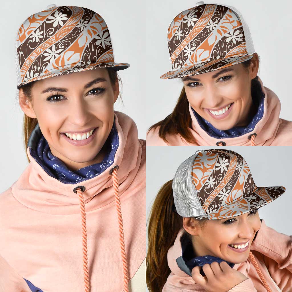 Puatou Tahiti Tiare Monstera Mesh Trucker Cap Polynesian Pattern Curve Style - Polynesian Pride