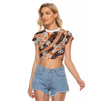 Puatou Tahiti Tiare Monstera Raglan Cropped T Shirt Polynesian Pattern Curve Style - Polynesian Pride