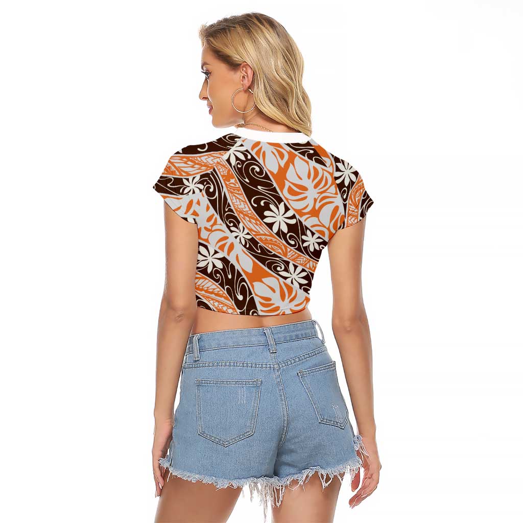 Puatou Tahiti Tiare Monstera Raglan Cropped T Shirt Polynesian Pattern Curve Style - Polynesian Pride