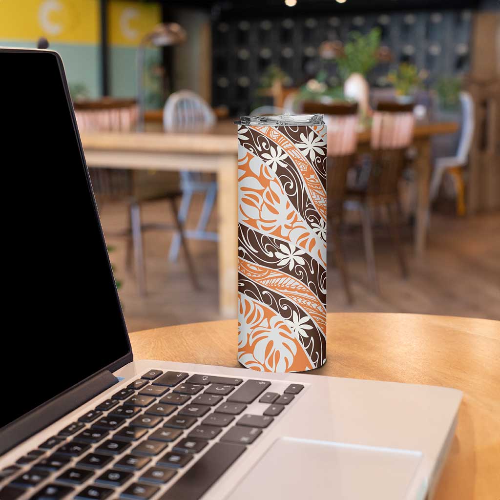 Puatou Tahiti Tiare Monstera Skinny Tumbler Polynesian Pattern Curve Style - Polynesian Pride