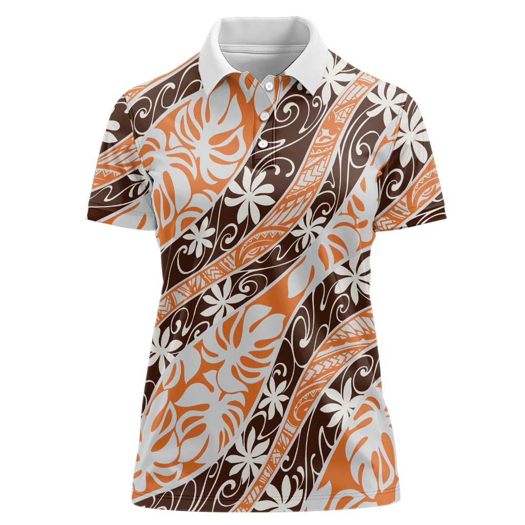 Puatou Tahiti Tiare Monstera Women Polo Shirt Polynesian Pattern Curve Style - Polynesian Pride