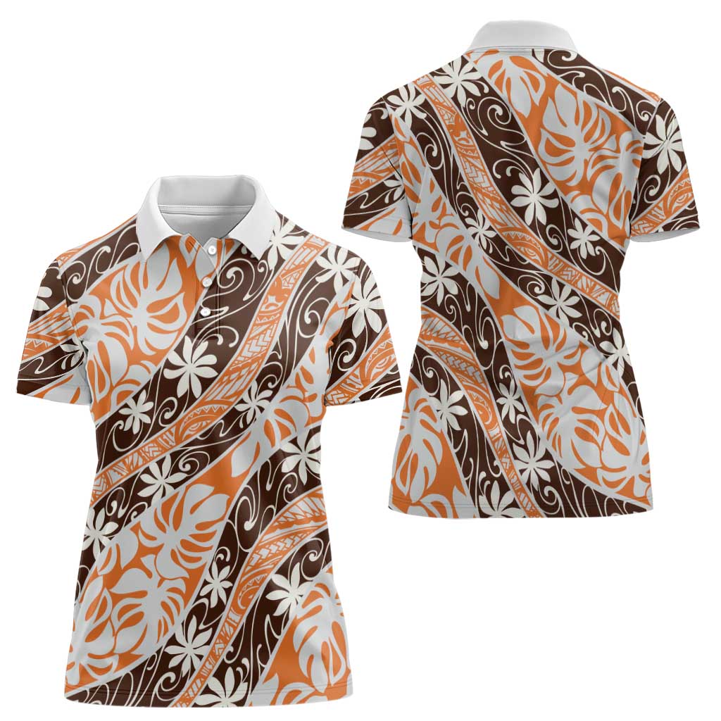 Puatou Tahiti Tiare Monstera Women Polo Shirt Polynesian Pattern Curve Style - Polynesian Pride