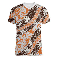 Puatou Tahiti Tiare Monstera Women V-Neck T-Shirt Polynesian Pattern Curve Style - Polynesian Pride